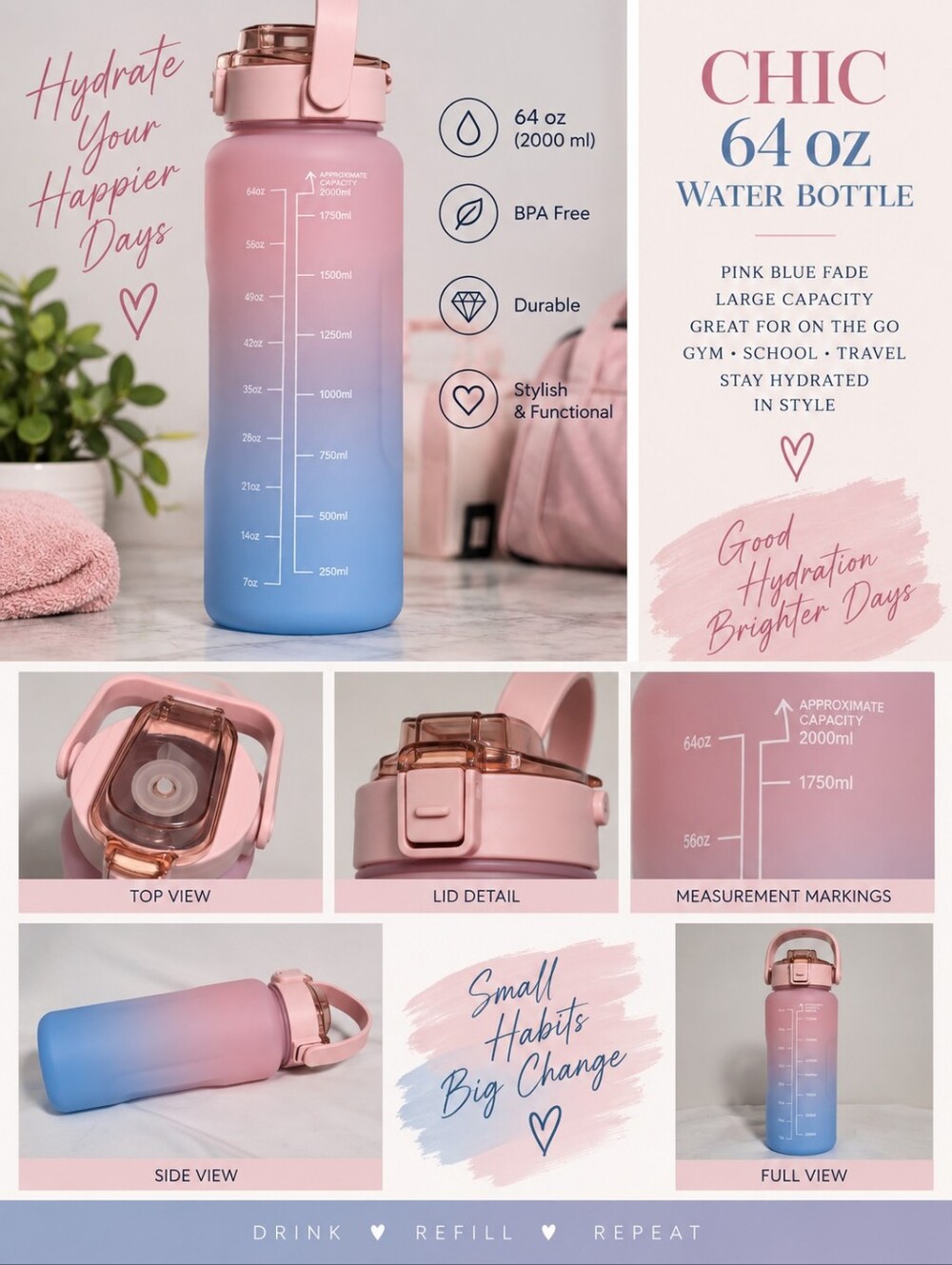 New chic 64oz pink blue fade water bottle #34